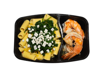 Grilled Shrimp with Feta Pasta and Spinach